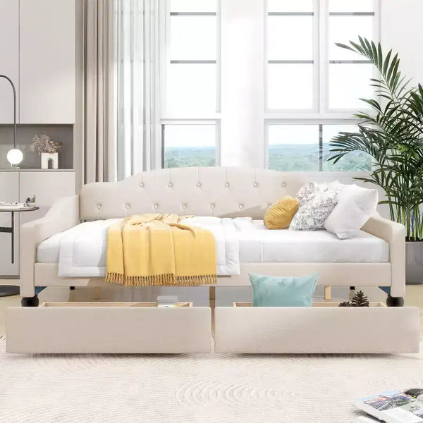 Lit de repos capitonné pleine grandeur avec 2 tiroirs et dossier capitonné, Beige