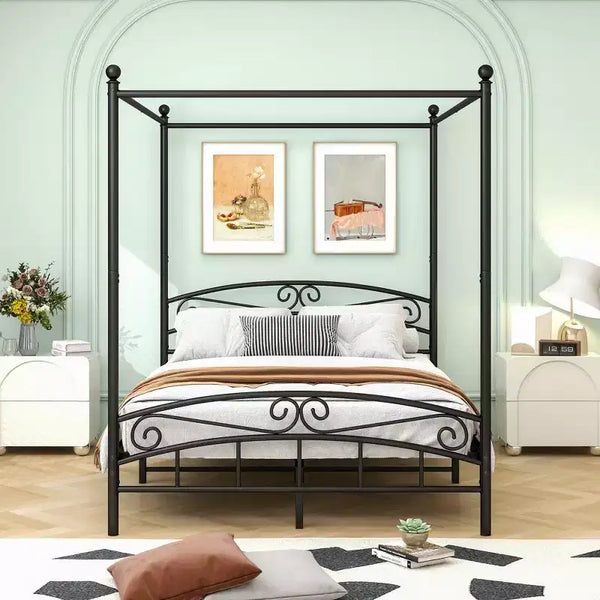 Cadre de lit en métal à baldaquin Queen Size avec tête de lit vintage et espace de rangement de 31,5 cm sous le lit