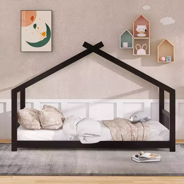 Cadre de lit enfant cabane double/grand avec clôture et toit