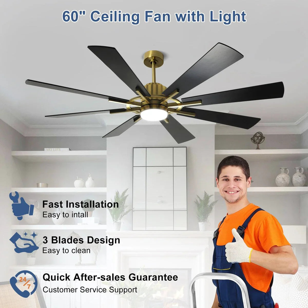 Ventilateur de plafond télécommandé avec lumières, grandes 8 pales en bois