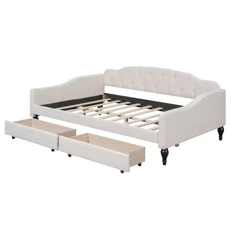 Lit de repos capitonné pleine grandeur avec 2 tiroirs et dossier capitonné, Beige