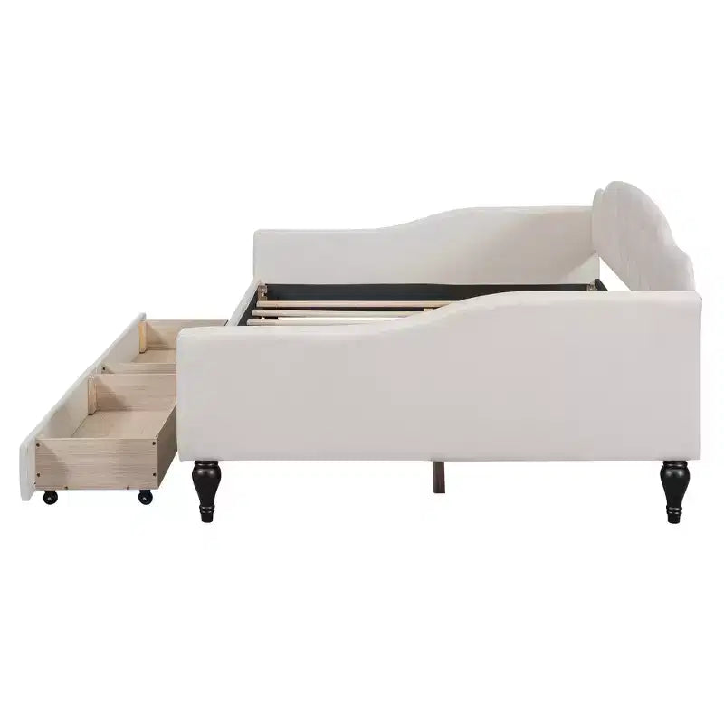Lit de repos capitonné pleine grandeur avec 2 tiroirs et dossier capitonné, Beige