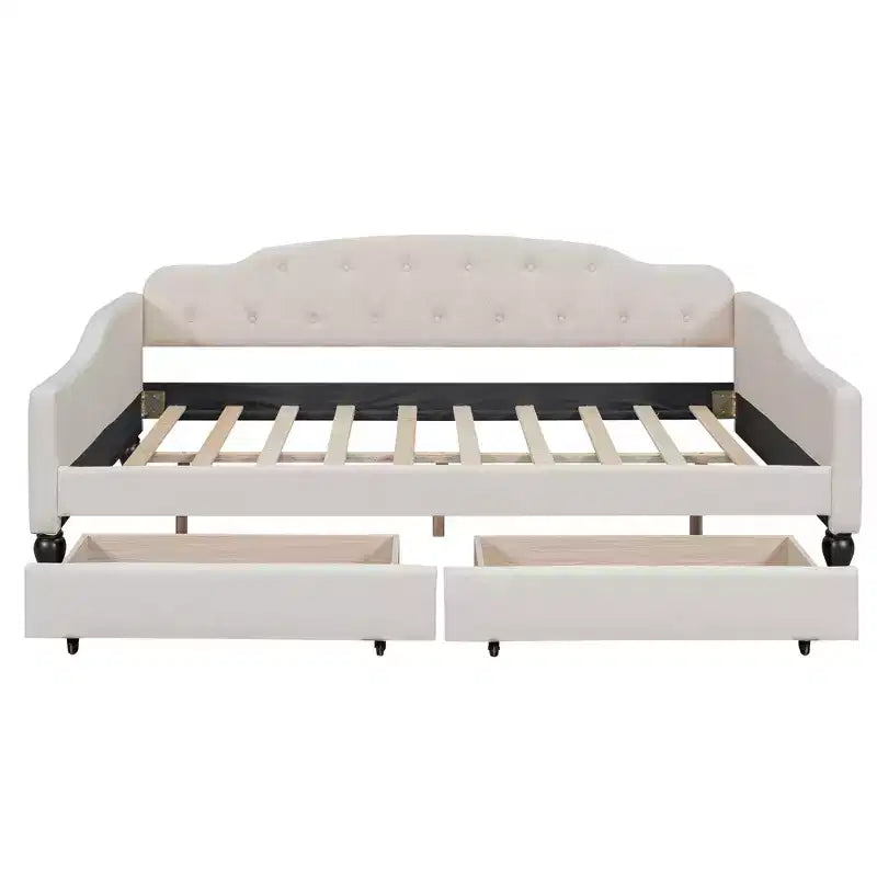 Lit de repos capitonné pleine grandeur avec 2 tiroirs et dossier capitonné, Beige