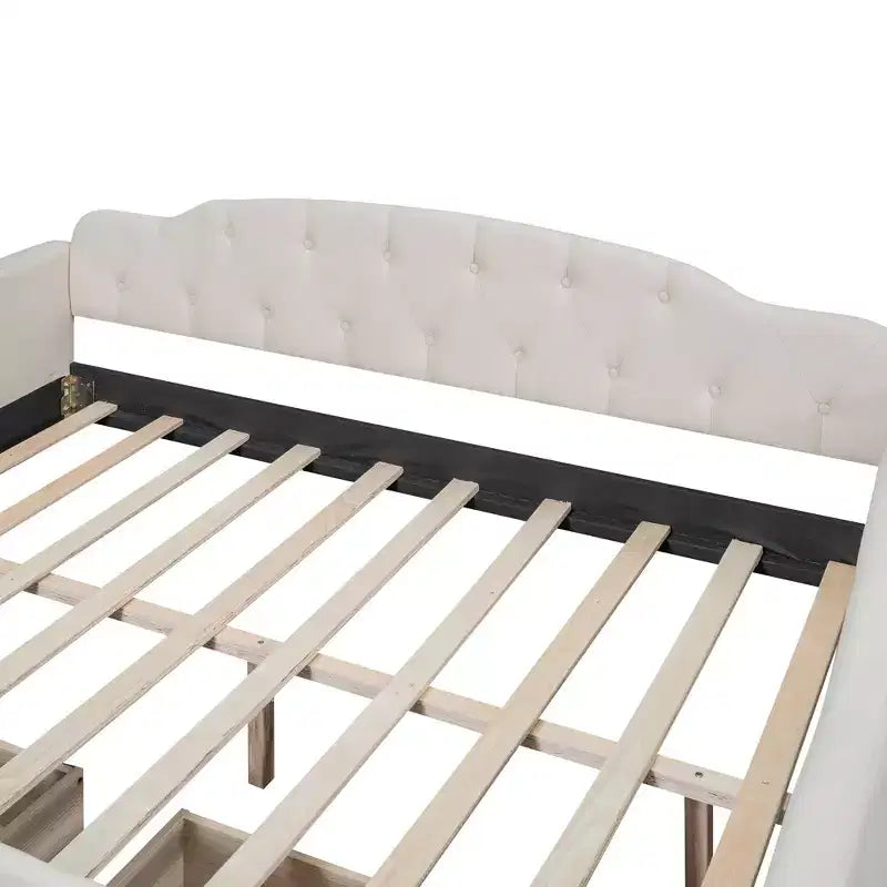 Lit de repos capitonné pleine grandeur avec 2 tiroirs et dossier capitonné, Beige