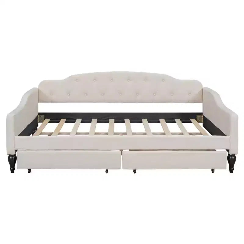Lit de repos capitonné pleine grandeur avec 2 tiroirs et dossier capitonné, Beige