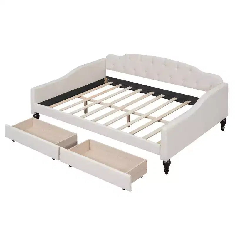 Lit de repos capitonné pleine grandeur avec 2 tiroirs et dossier capitonné, Beige