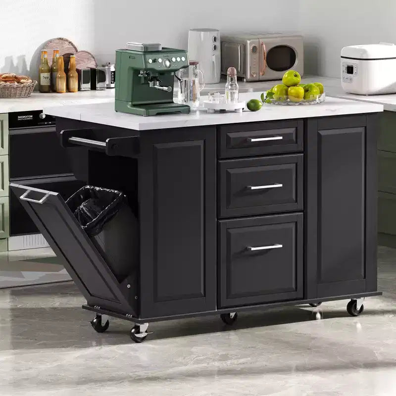 Îlot de cuisine avec abattant et poubelle coulissante, chariot roulant avec roues et tiroirs, armoire de rangement table à manger pliante