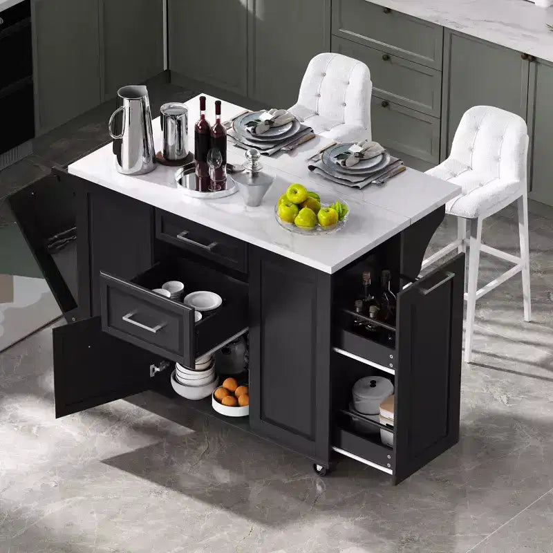 Îlot de cuisine avec abattant et poubelle coulissante, chariot roulant avec roues et tiroirs, armoire de rangement table à manger pliante