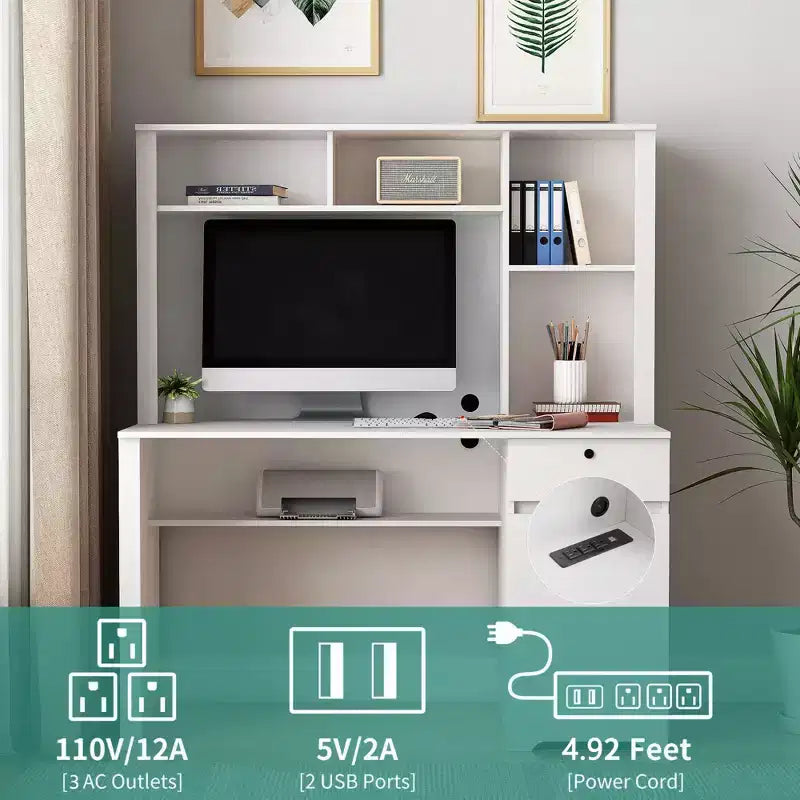 Bureau informatique avec tiroirs, 3 prises CA et 2 ports USB