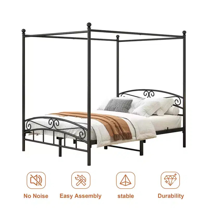 Cadre de lit en métal à baldaquin Queen Size avec tête de lit vintage et espace de rangement de 31,5 cm sous le lit