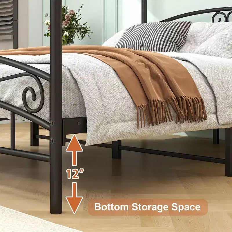 Cadre de lit en métal à baldaquin Queen Size avec tête de lit vintage et espace de rangement de 31,5 cm sous le lit