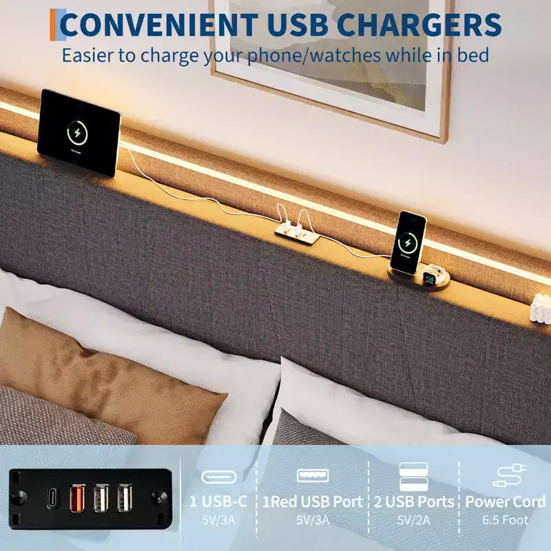Cadre de lit plateforme rembourré avec lumières LED et station de charge