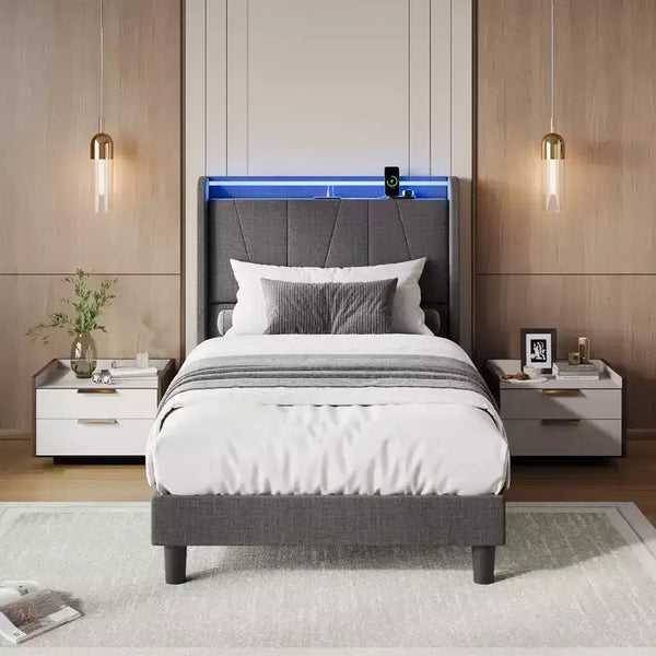 Cadre de lit plateforme rembourré avec lumières LED et station de charge