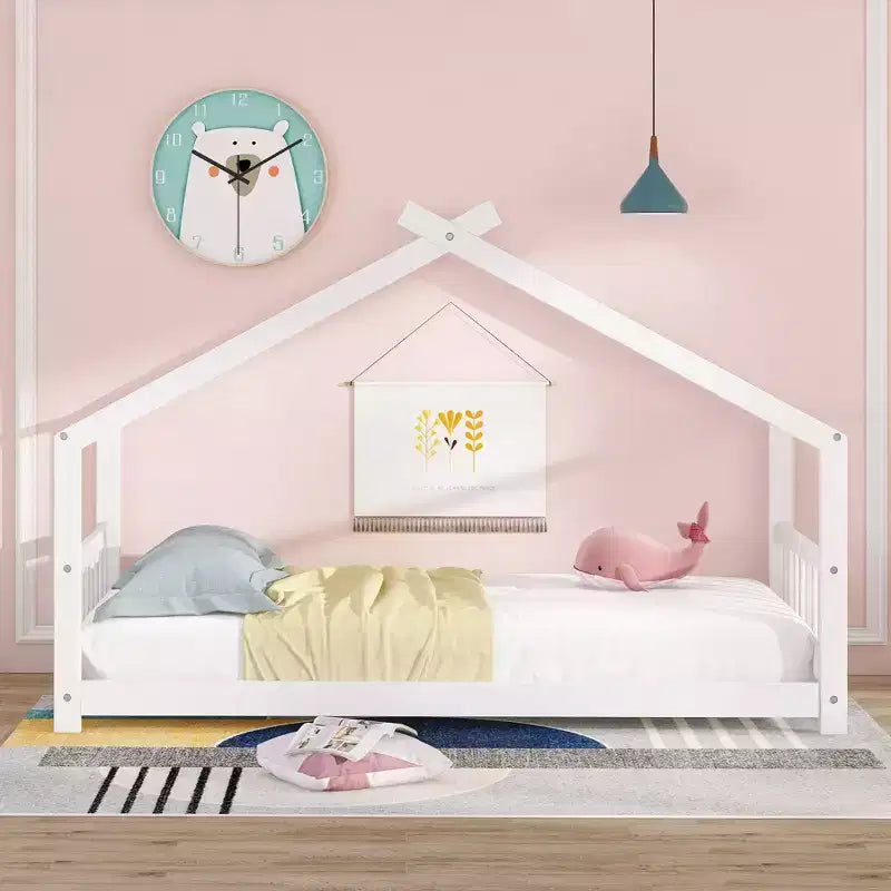 Cadre de lit enfant cabane double/grand avec clôture et toit