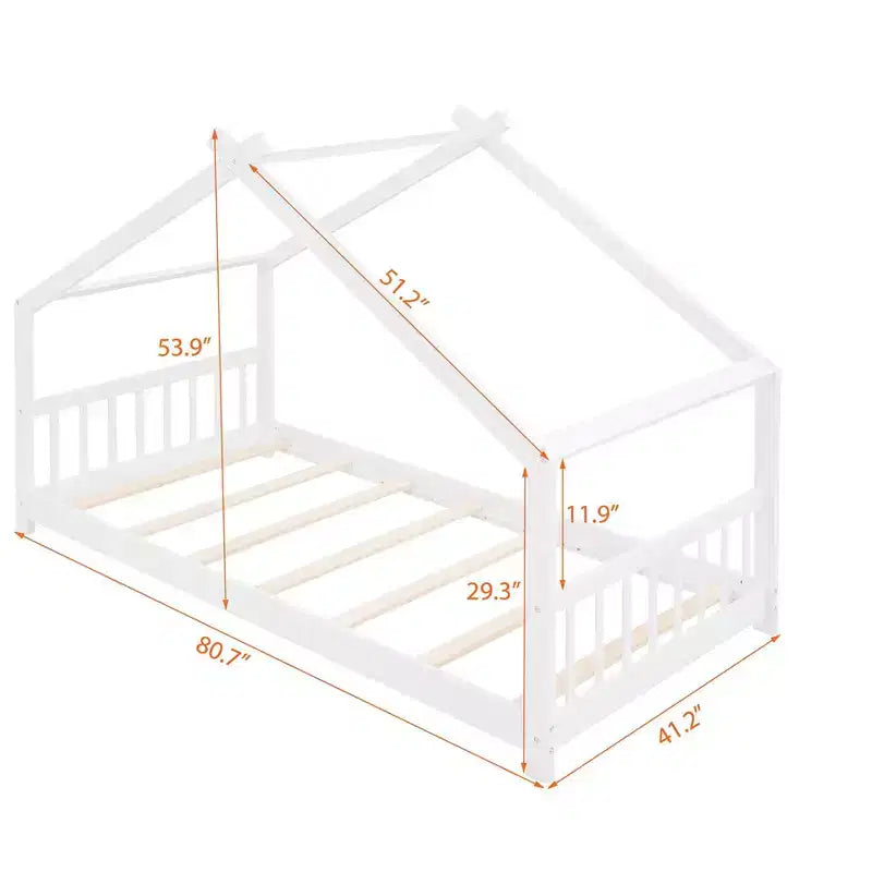 Cadre de lit enfant cabane double/grand avec clôture et toit
