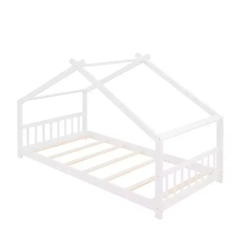 Cadre de lit enfant cabane double/grand avec clôture et toit