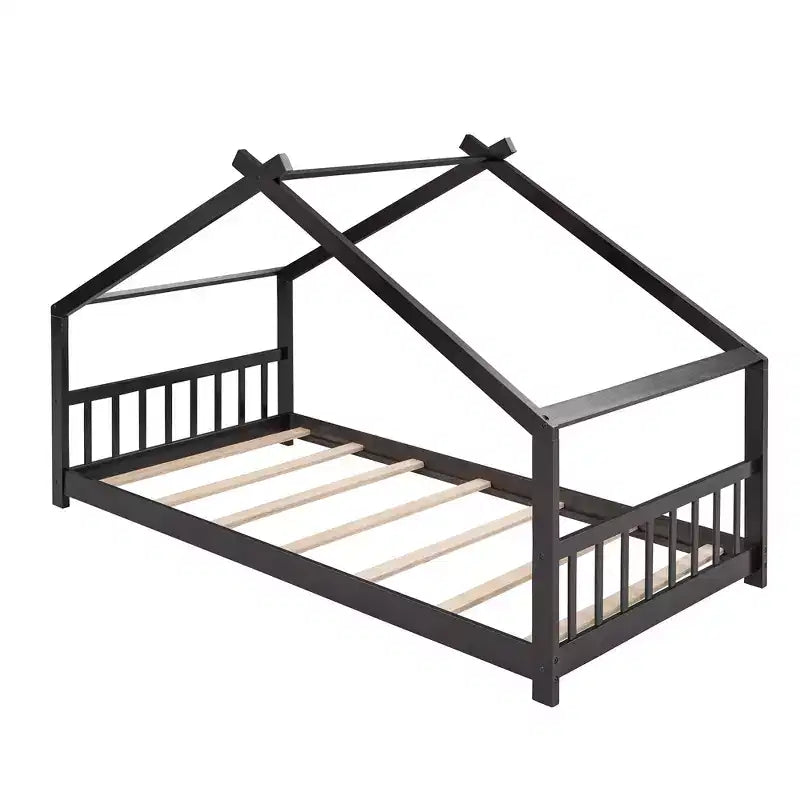 Cadre de lit enfant cabane double/grand avec clôture et toit
