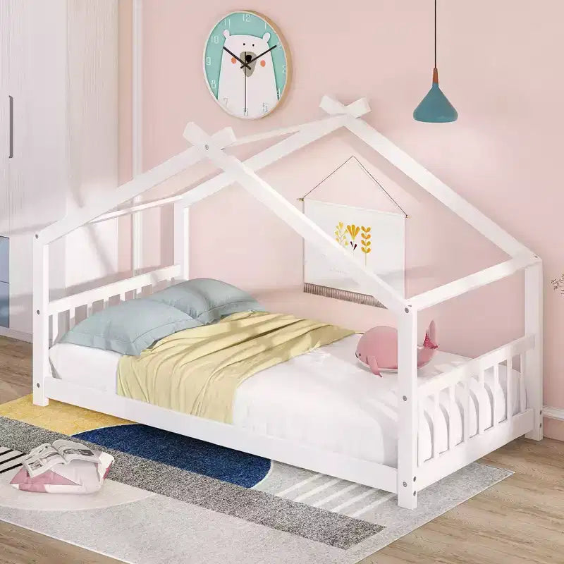 Cadre de lit enfant cabane double/grand avec clôture et toit
