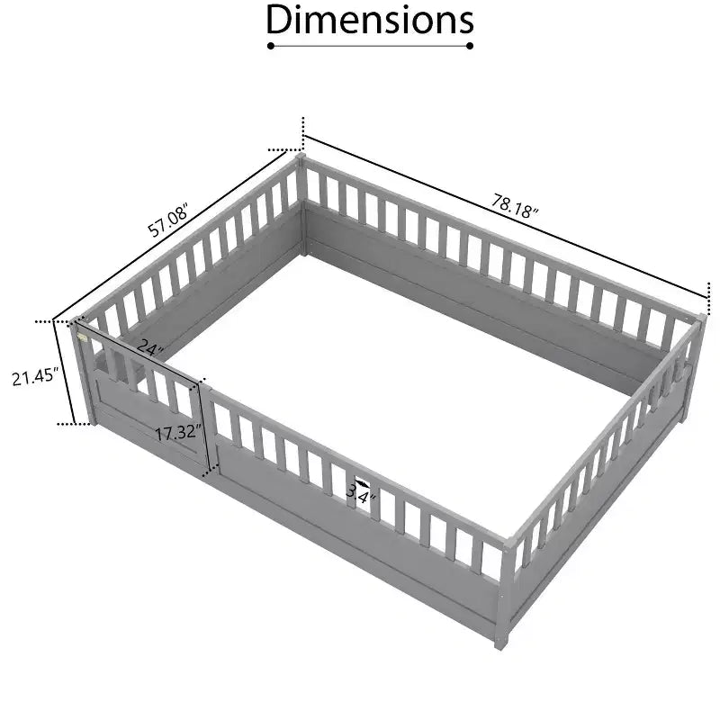 Lit au sol pleine grandeur avec barrières de sécurité extra-hautes et porte d'entrée, gris