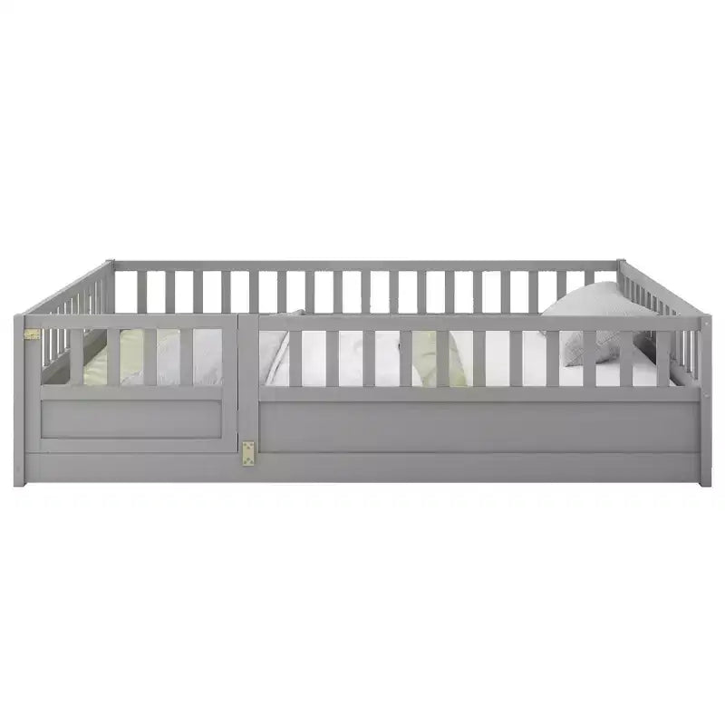 Lit au sol pleine grandeur avec barrières de sécurité extra-hautes et porte d'entrée, gris