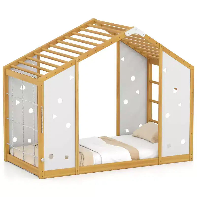Lit d'escalade Montessori 2 en 1 pour garçons et filles avec barres de singe, taille double