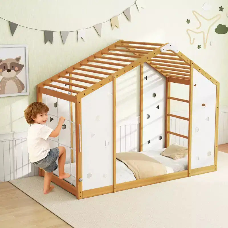 Lit d'escalade Montessori 2 en 1 pour garçons et filles avec barres de singe, taille double