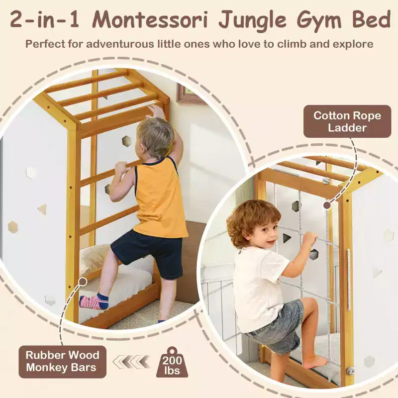 Lit d'escalade Montessori 2 en 1 pour garçons et filles avec barres de singe, taille double