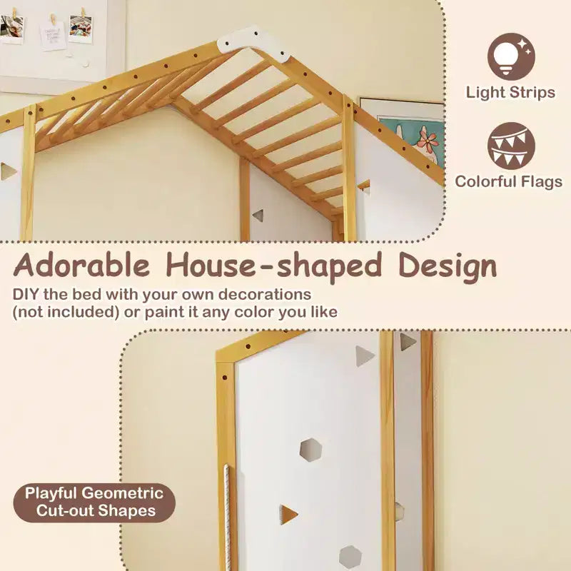 Lit d'escalade Montessori 2 en 1 pour garçons et filles avec barres de singe, taille double