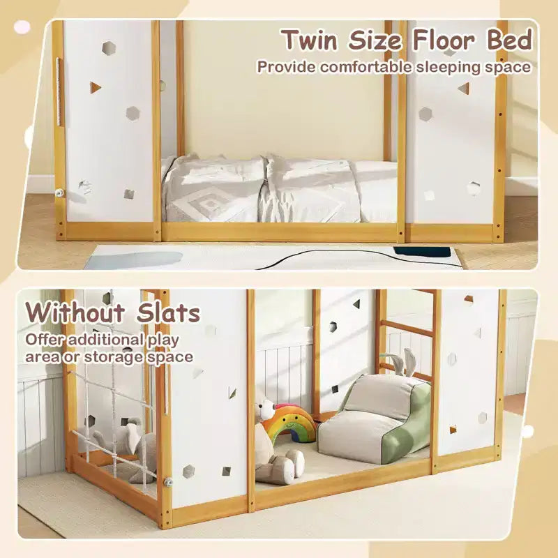 Lit d'escalade Montessori 2 en 1 pour garçons et filles avec barres de singe, taille double