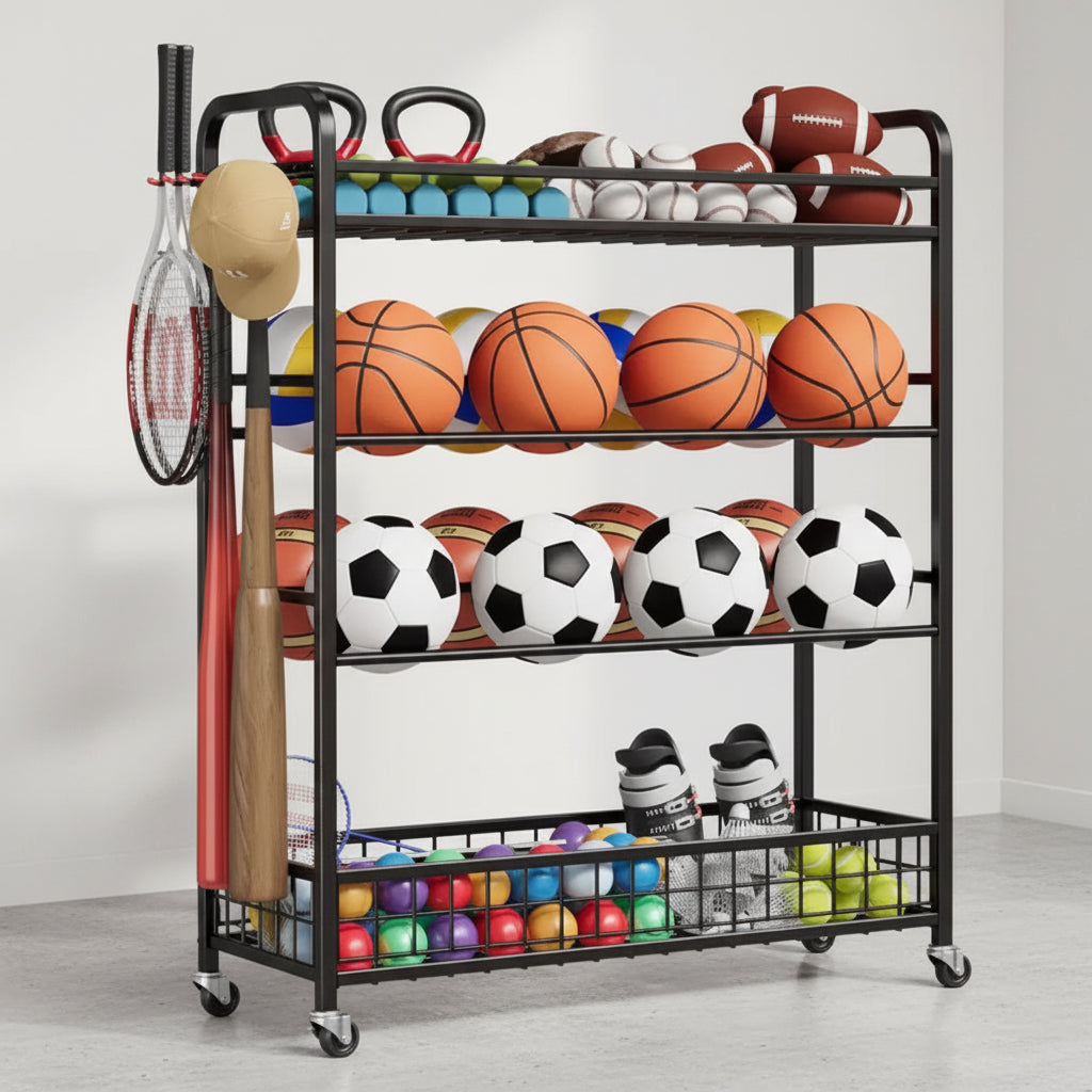 Ball Storage Rack, Rolling Sports Equipment Organizer with Wheels