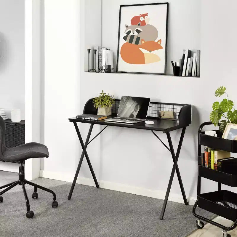 Bureau informatique de 101,6 cm avec étagère de rangement à grille et cadre métallique en X, pour bureau à domicile ou pour le jeu, Noir