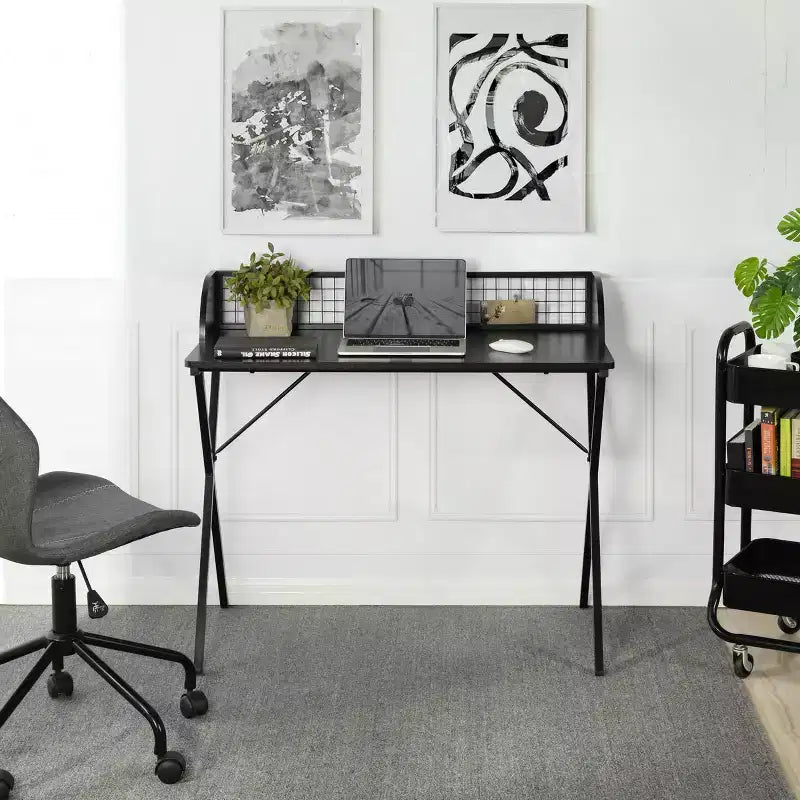 Bureau informatique de 101,6 cm avec étagère de rangement à grille et cadre métallique en X, pour bureau à domicile ou pour le jeu, Noir