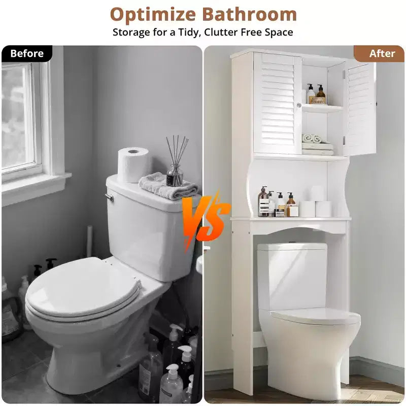 Meuble de rangement pour toilettes avec étagère réglable, dispositif anti-basculement et crochets