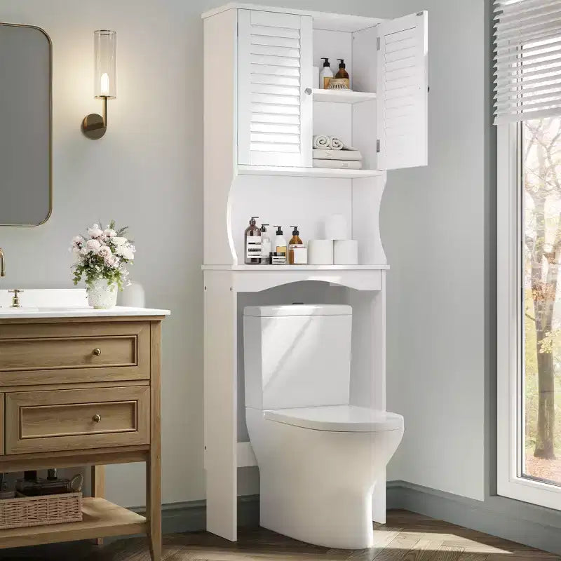 Meuble de rangement pour toilettes avec étagère réglable, dispositif anti-basculement et crochets