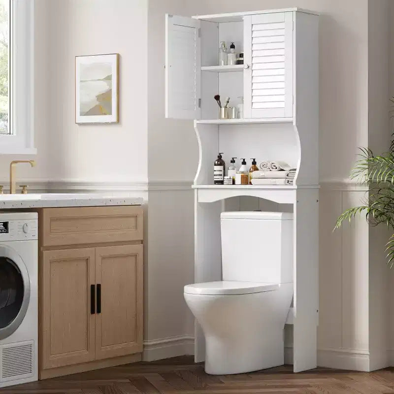 Meuble de rangement pour toilettes avec étagère réglable, dispositif anti-basculement et crochets