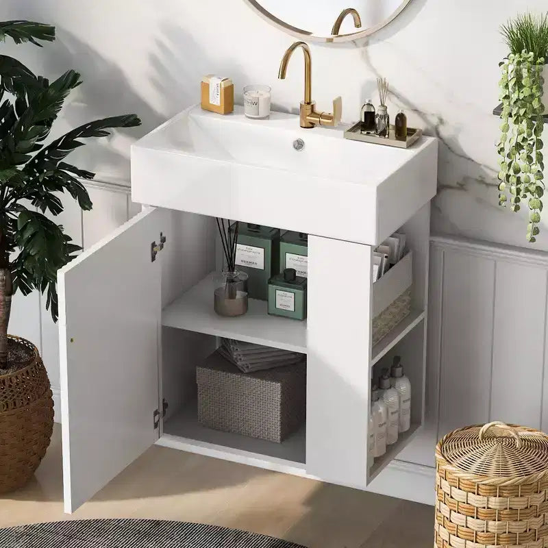 Meuble-lavabo suspendu avec évier en céramique et rangement latéral, armoire murale