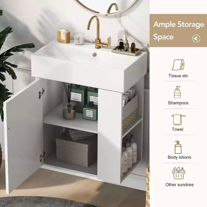 Meuble-lavabo suspendu avec évier en céramique et rangement latéral, armoire murale