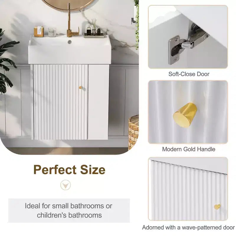 Meuble-lavabo suspendu avec évier en céramique et rangement latéral, armoire murale