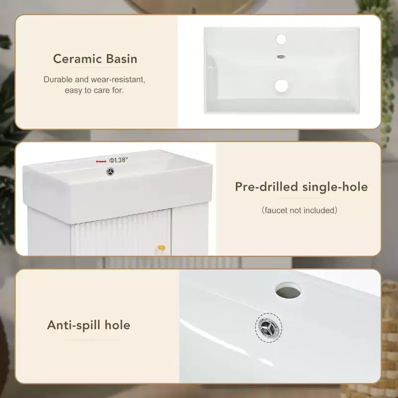 Meuble-lavabo suspendu avec évier en céramique et rangement latéral, armoire murale