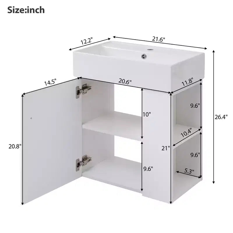 Meuble-lavabo suspendu avec évier en céramique et rangement latéral, armoire murale