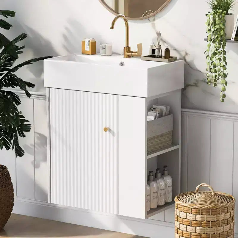 Meuble-lavabo suspendu avec évier en céramique et rangement latéral, armoire murale