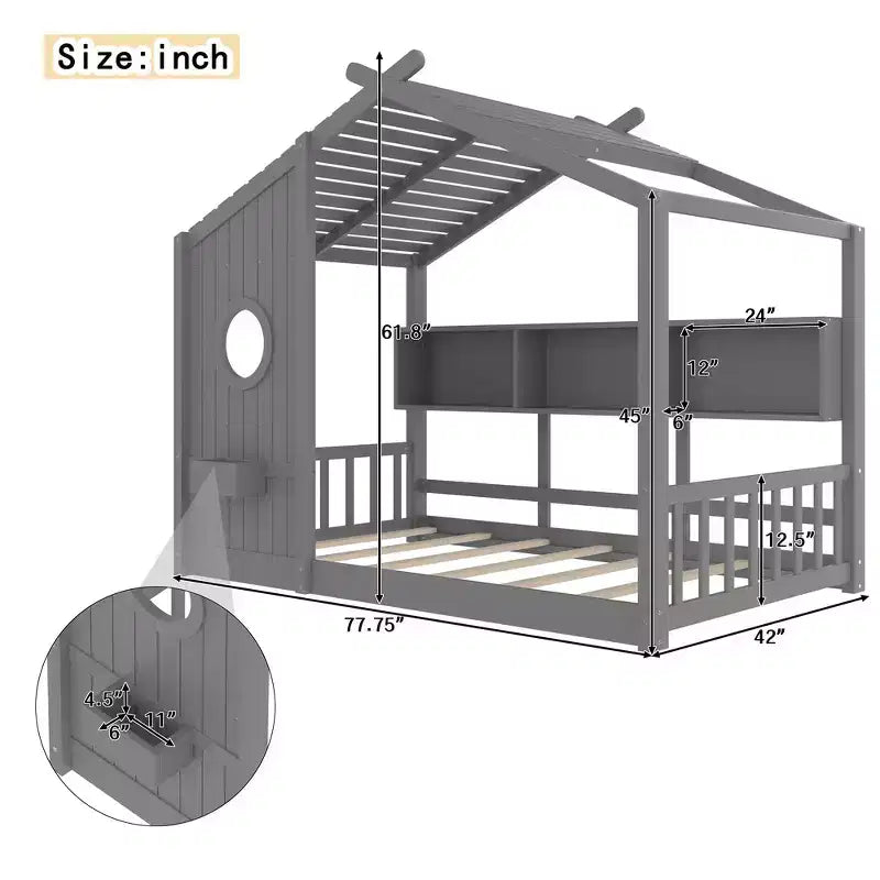 Lit cabane au sol simple, lit Montessori pour enfants avec étagère de rangement et toit