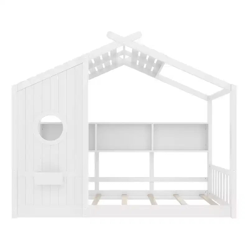 Lit cabane au sol simple, lit Montessori pour enfants avec étagère de rangement et toit