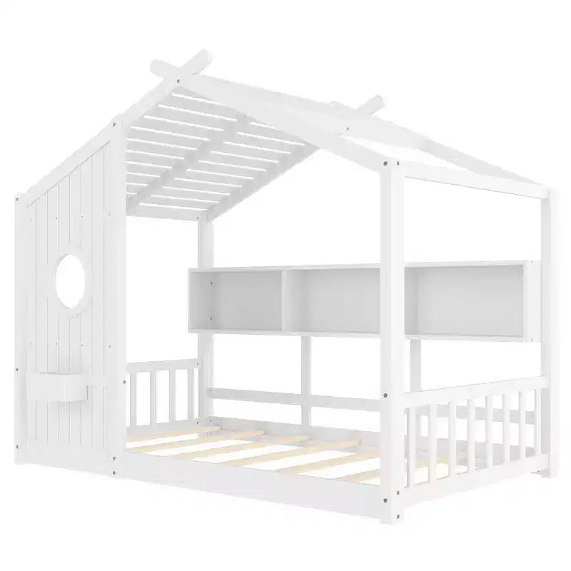 Lit cabane au sol simple, lit Montessori pour enfants avec étagère de rangement et toit