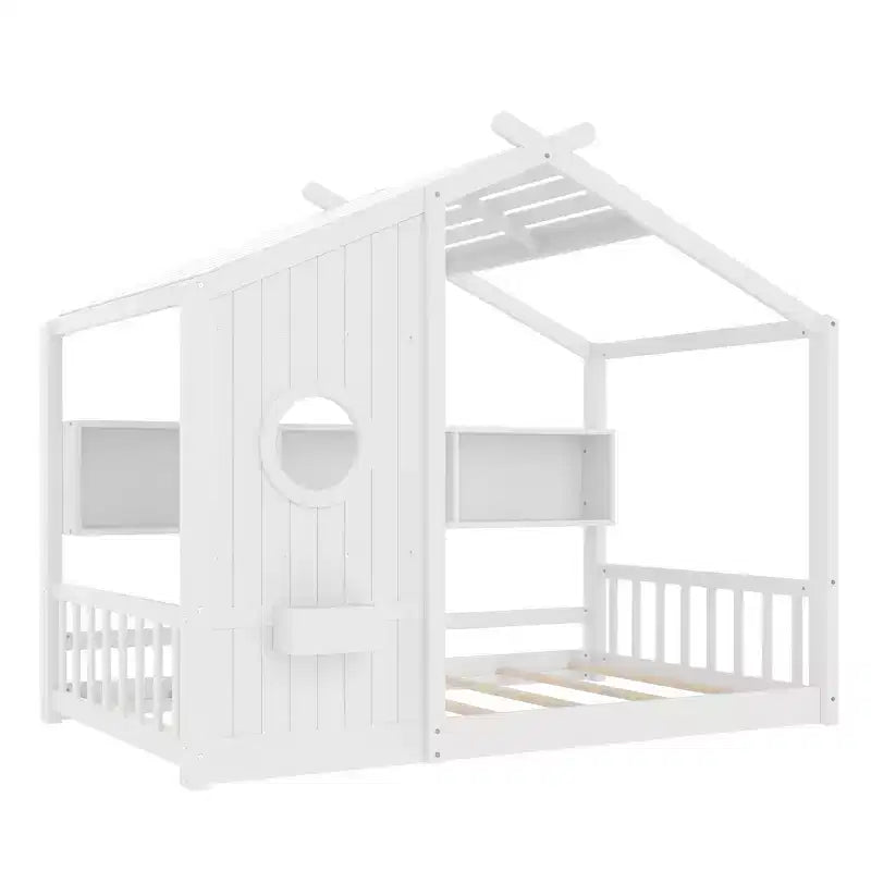 Lit cabane au sol simple, lit Montessori pour enfants avec étagère de rangement et toit