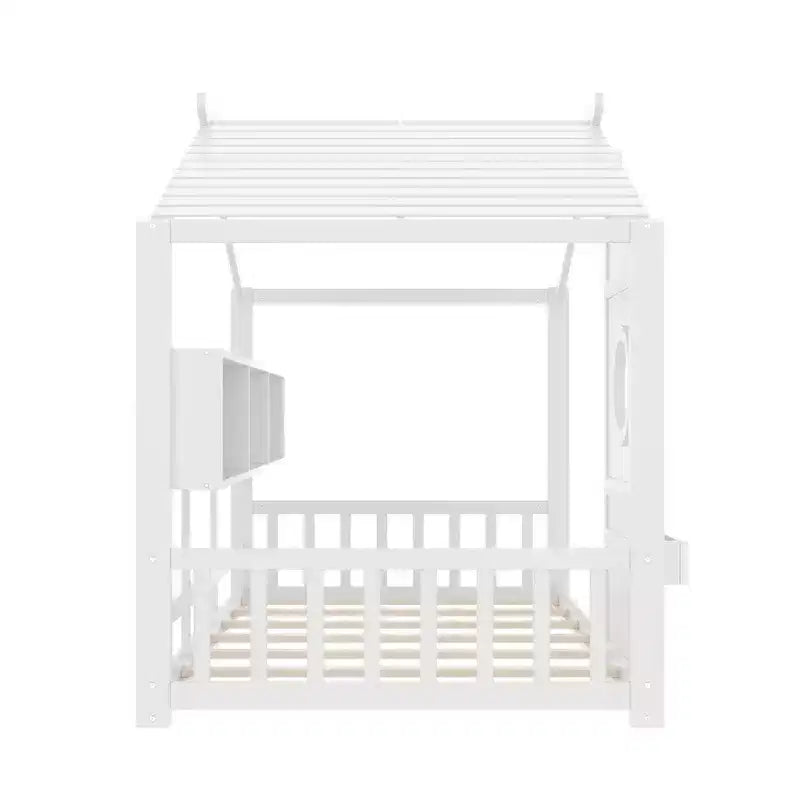 Lit cabane au sol simple, lit Montessori pour enfants avec étagère de rangement et toit