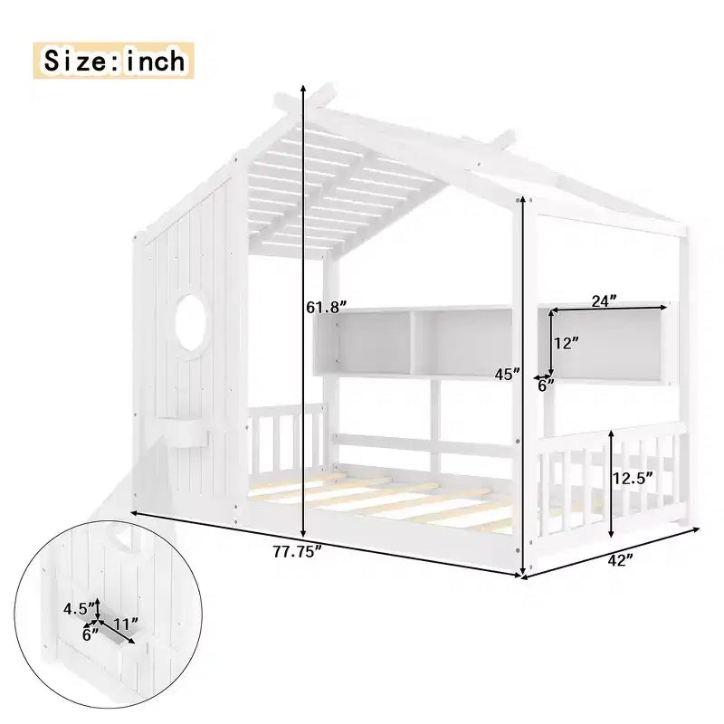 Lit cabane au sol simple, lit Montessori pour enfants avec étagère de rangement et toit