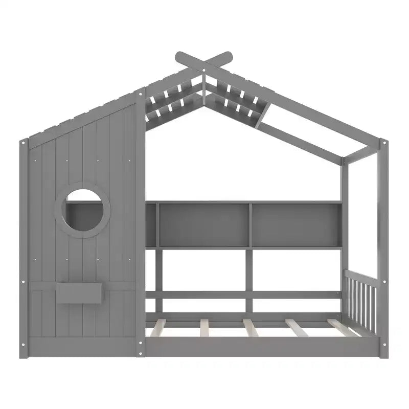 Lit cabane au sol simple, lit Montessori pour enfants avec étagère de rangement et toit