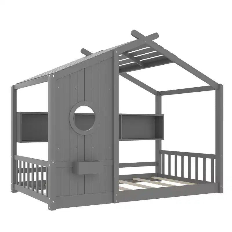 Lit cabane au sol simple, lit Montessori pour enfants avec étagère de rangement et toit