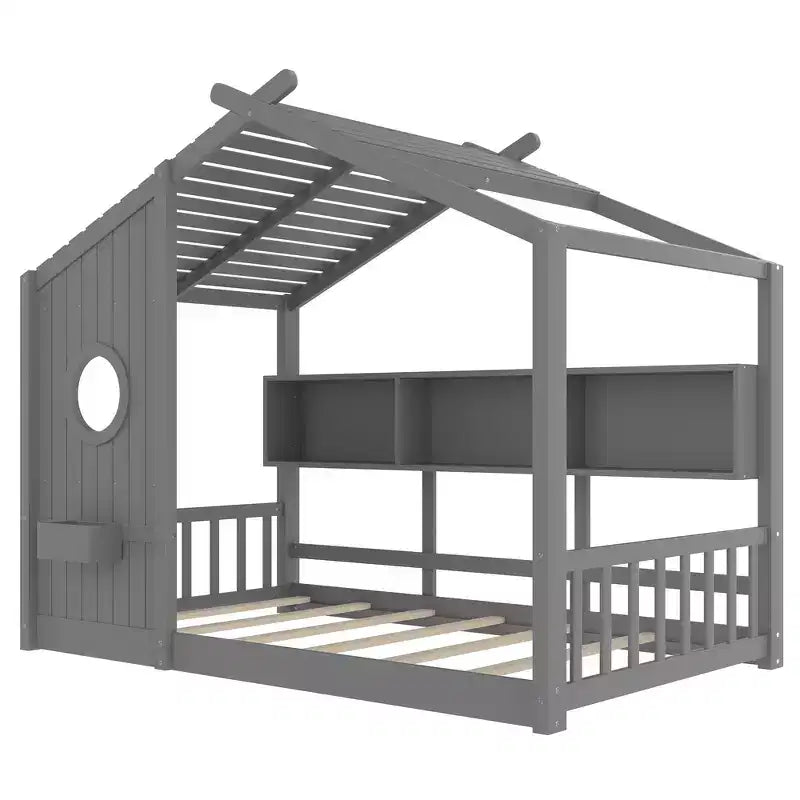 Lit cabane au sol simple, lit Montessori pour enfants avec étagère de rangement et toit